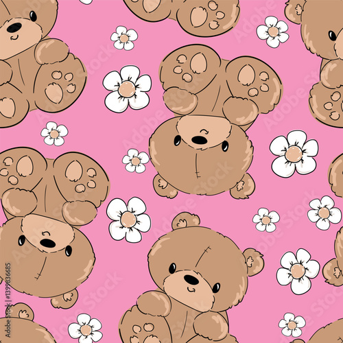 Cute Teddy Bear and flowers pattern seamless, vector illustration Hand Drawn Cute print design