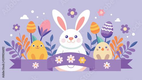 A bright Happy Easter banner with bunnies, flowers and Easter eggs in an abstract pattern. The design is cheerful, set against a soft lilac background that conveys the festive spirit.