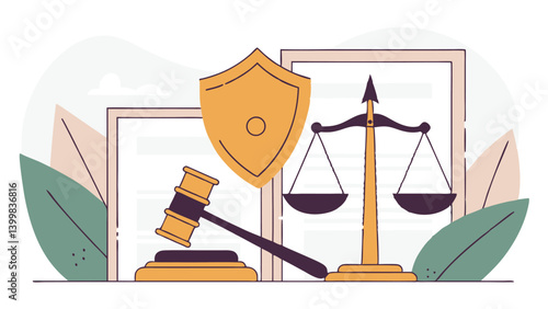 Symbols of legal defense: judge's gavel, scales of justice and a shield symbolizing insurance. The background is filled with legal documents emphasizing the formality and importance of legislation.