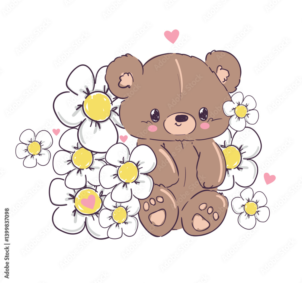 Fototapeta premium Cute teddy bear and little flowers vector hand drawn illustration cute print design for kids 