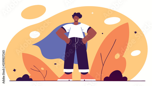 African American woman in casual wear and blue cape symbolizing empowerment and heroism. Her confident posture emphasizes strength, independence and courage.