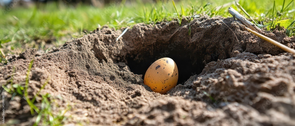 Egg rests in freshly dug earth during midday
