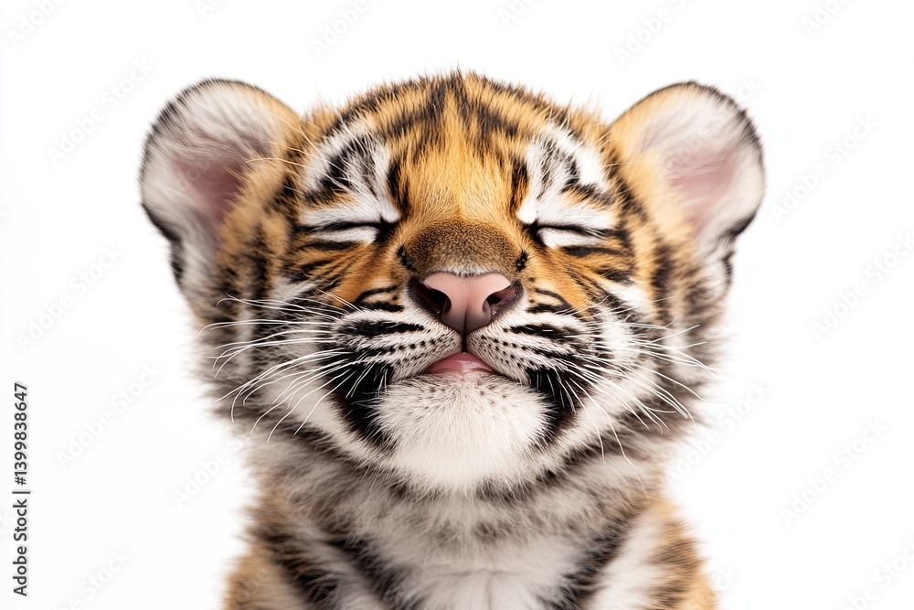 Fototapeta premium tiger. small smiling, smile. on isolated white background close-up. playful mood