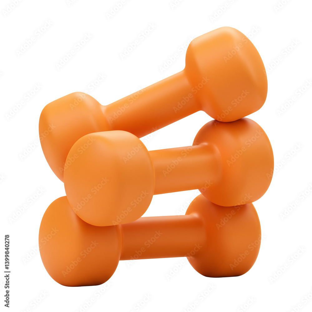 Three Orange Dumbbells Stacked on Transparent Background Three Orange Dumbbells Stacked on Transparent Background
