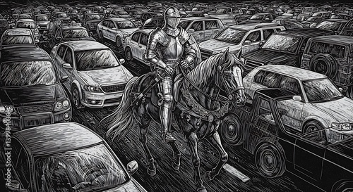Knight on Horseback Navigating Modern Traffic Jam: A Pen-and-Ink Illustration AI Generated