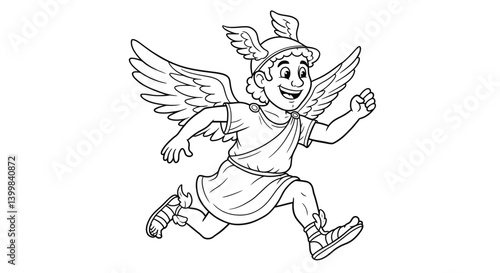 Kid Friendly Hermes in Flight with Winged Shoes and Hat for Coloring Fun