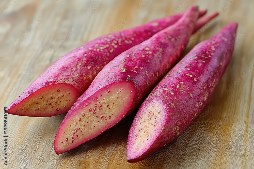 Fresh sweet potatoes on wooden table surface