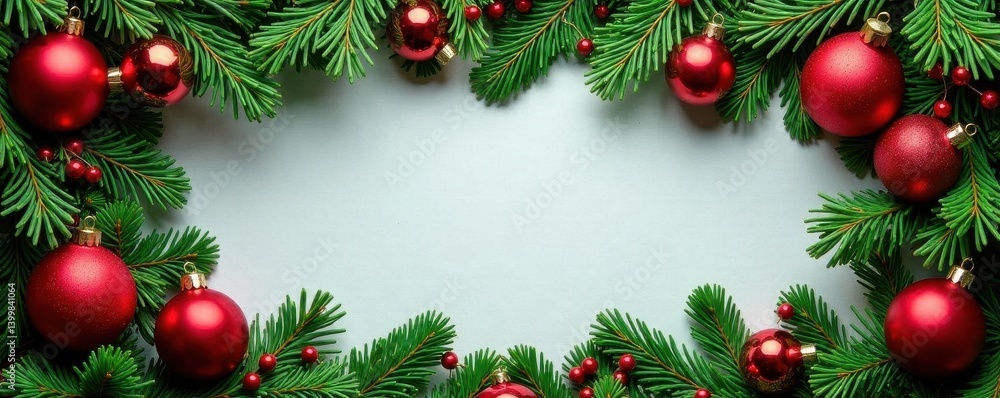Classic Christmas frame with red & green baubles and evergreen sprigs , seasonal, pine Classic Christmas frame with red & green baubles and evergreen sprigs , seasonal, pine