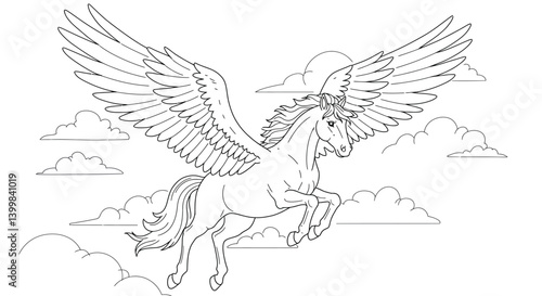 Kid Friendly Pegasus Soaring in the Clouds Coloring Sheet for Art