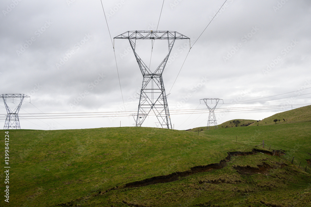 High voltage power pylon and power cables on rolling green hills. North Island. New Zealand.