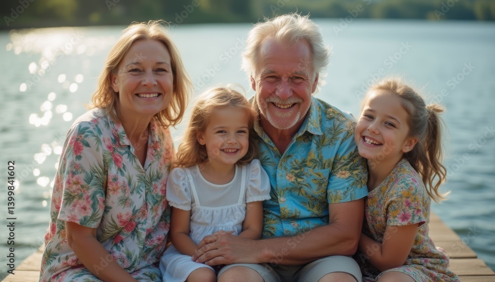 A heartwarming scene captures a cheerful family of four, with grandparents and their two granddaughters, smiling brightly by the shimmering lake. The vibrant floral shirts and the sparkling water A heartwarming scene captures a cheerful family of four, with grandparents and their two granddaughters, smiling brightly by the shimmering lake. The vibrant floral shirts and the sparkling water