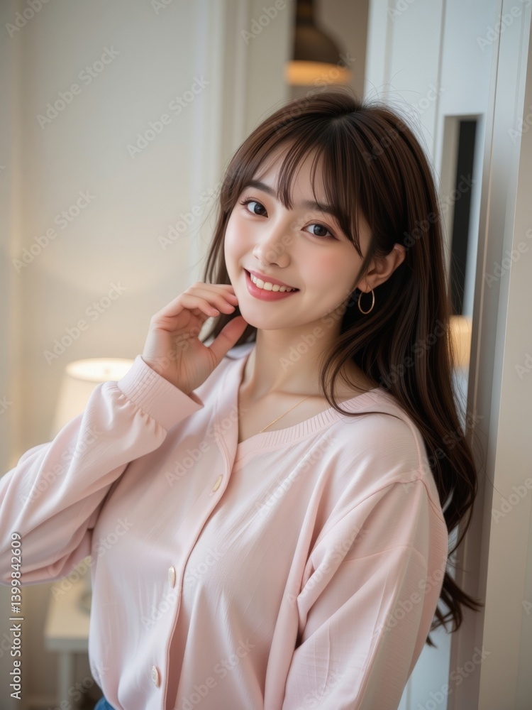 Smiling young woman with long hair wearing pink cardigan in cozy indoor setting Smiling young woman with long hair wearing pink cardigan in cozy indoor setting