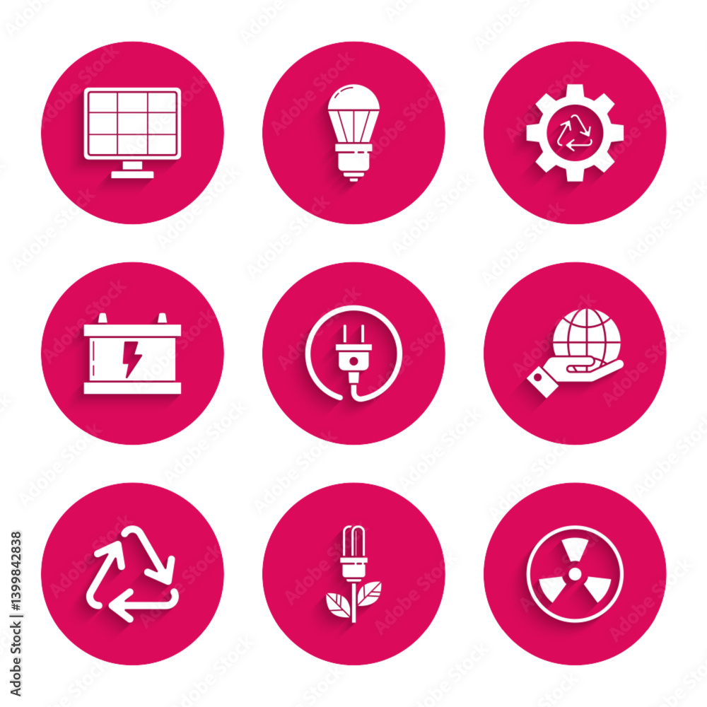 Set Electric plug, Light bulb with leaf, Radioactive, Human hands holding Earth globe, Recycle symbol, Car battery, gear and Solar energy panel icon. Vector Set Electric plug, Light bulb with leaf, Radioactive, Human hands holding Earth globe, Recycle symbol, Car battery, gear and Solar energy panel icon. Vector