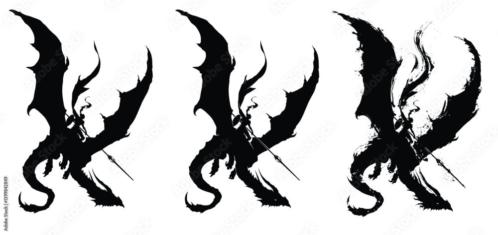 Obraz premium A knight in armor with a spear and shield riding a dragon. He flies fearlessly, preparing for battle. A long cloak flutters in the wind. Black blob silhouette, dynamic composition. 2d art