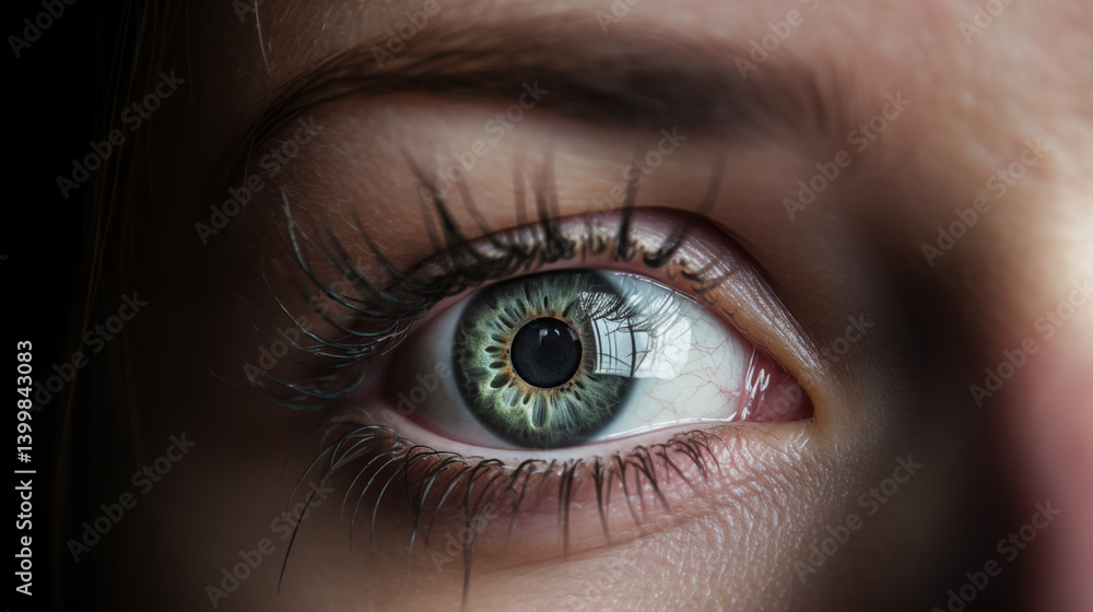 Obraz premium Close up view of a human eye with green iris and long eyelashes in detailed macro photography style