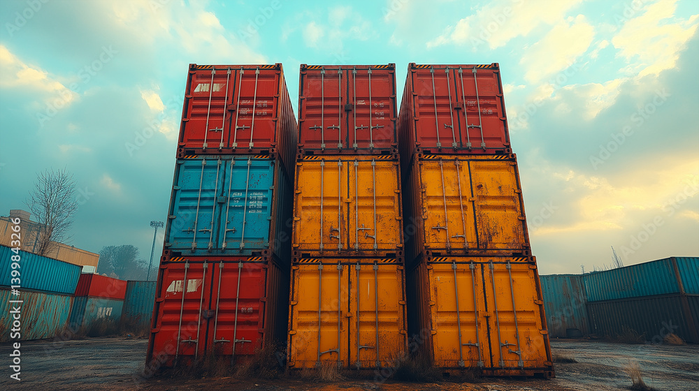 Fototapeta premium Industrial scene of stacked shipping containers of metal boxes at handling operation.