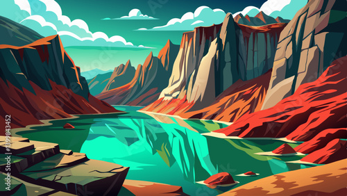 Lake Bordered by rocky cliffs landscape under harsh midday sun, The water is a rich emerald green, perfectly still, reflecting the bold rock colors deep bronze, grey, and crimson