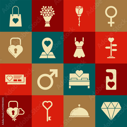 Set Diamond, Please do not disturb with heart, Signpost, Flower rose, Map pointer, Castle the shape of, Shopping bag and Woman dress icon. Vector