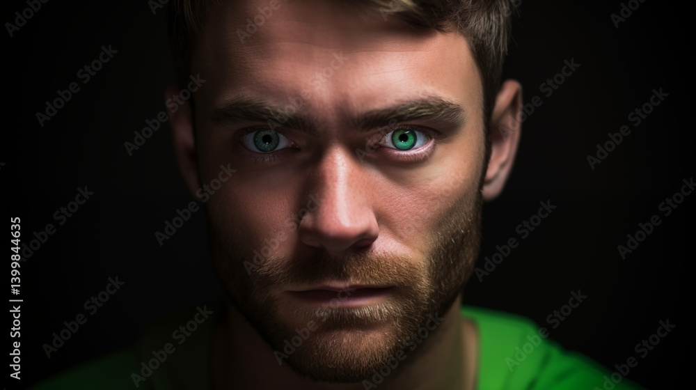 Close up portrait of a man with green eyes and a beard against a dark background looking intense Close up portrait of a man with green eyes and a beard against a dark background looking intense