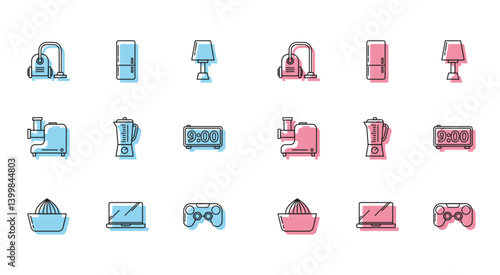Set line Citrus fruit juicer, Laptop, Vacuum cleaner, Gamepad, Blender, Digital alarm clock, Kitchen meat grinder and Refrigerator icon. Vector