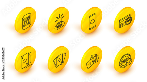 Set line Casino chips, Game dice, Playing card with diamonds, heart, Credit, Online poker table game, win and Slot machine lucky sevens jackpot icon. Vector