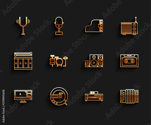 Set line Video recorder or editor software on monitor, Music CD player, Musical tuning fork, instrument accordion, Drums, Retro audio cassette tape and Stereo speaker icon. Vector