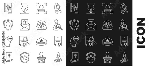 Set line Hand holding money bag, Certificate template, Money magnifying glass, Face recognition, The arrest warrant, User protection, Oath the Holy Bible and icon. Vector