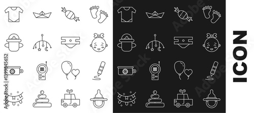 Set line Baby dummy pacifier, Wax crayon for drawing, Happy little girl head, Candy, crib hanging toys, bottle, onesie and absorbent diaper icon. Vector