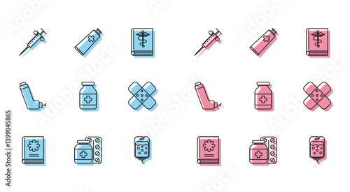 Set line Medical book, Medicine bottle and pills, Syringe, IV bag, Crossed bandage plaster, Inhaler and Ointment cream tube medicine icon. Vector