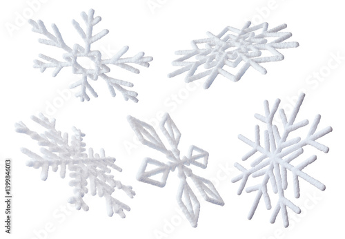3D snowflakes collection, isolated on transparent background, perfect for winter themed projects or decorations. Realistic, white three dimensional snow flake shape.