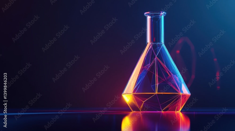 a low-poly representation of a laboratory flask, with glowing geometric shapes