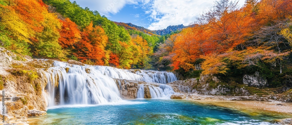 custom made wallpaper toronto digitalAutumn Waterfall Landscape Cascading water, vibrant fall foliage, mountain backdrop