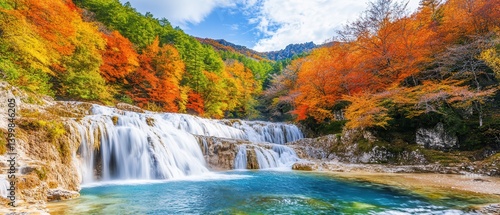 Autumn Waterfall Landscape Cascading water, vibrant fall foliage, mountain backdrop © Abdul
