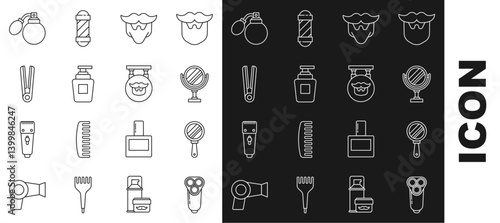Set line Electric razor blade for men, Hand mirror, Round makeup, Mustache beard, Bottle of shampoo, Curling iron hair, Aftershave bottle with atomizer and Barbershop icon. Vector
