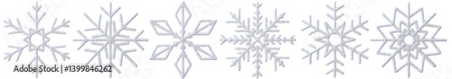 3D snowflakes collection, isolated on transparent background, perfect for winter themed projects or decorations. Realistic, white three dimensional snow flake shape.