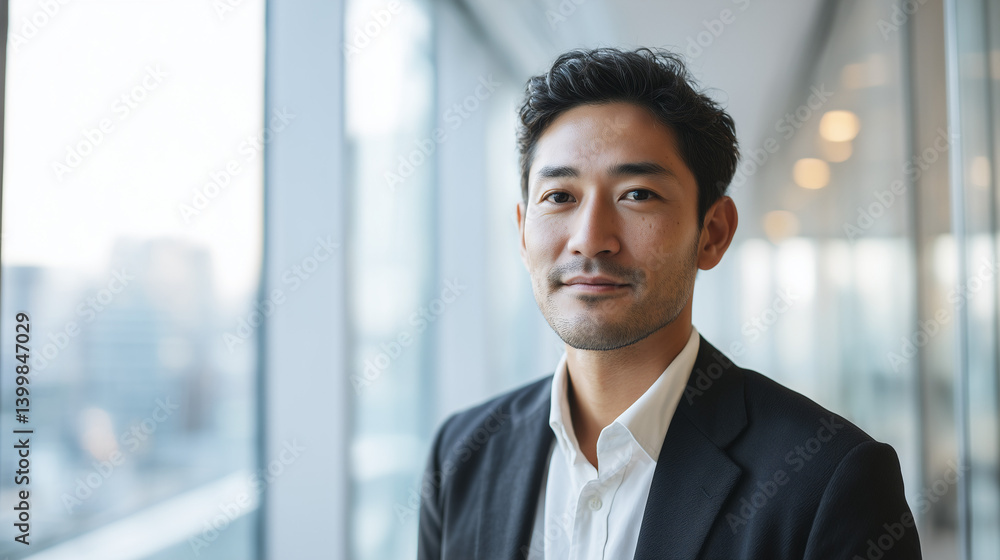 Confident Asian Businessman Smiling Gently in Front of Window Confident Asian Businessman Smiling Gently in Front of Window