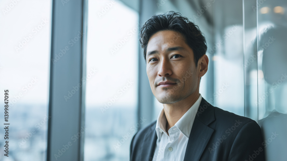 Confident Asian Businessman Smiling Gently in Front of Window Confident Asian Businessman Smiling Gently in Front of Window