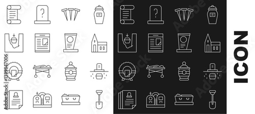 Set line Shovel, Grave with coffin, Church building, Metallic nails, Obituaries, Coffin grave, Decree, parchment, scroll and tombstone icon. Vector
