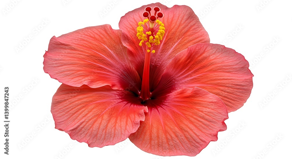 Obraz premium Coral Hibiscus Blossom: Delicate Petals Against Pure White AI Generated