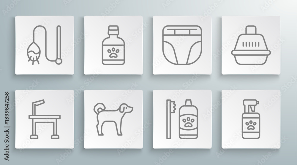 Set line Pet grooming table, Dog medicine bottle, Dental hygiene for pets, shampoo, Diaper dog, carry case and cat toy icon. Vector Set line Pet grooming table, Dog medicine bottle, Dental hygiene for pets, shampoo, Diaper dog, carry case and cat toy icon. Vector