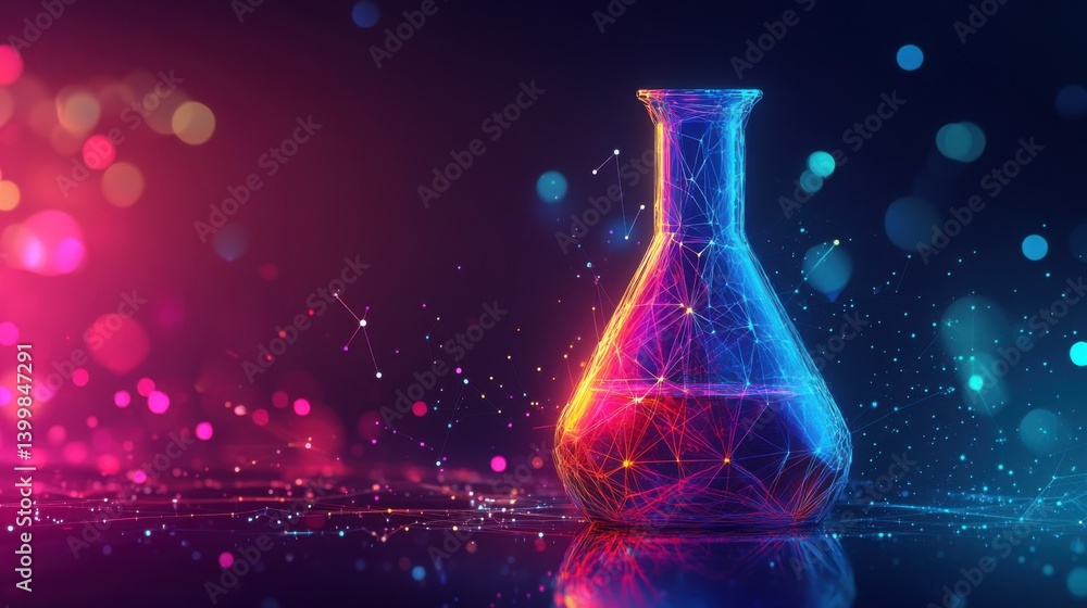a low-poly representation of a laboratory flask, with glowing geometric shapes