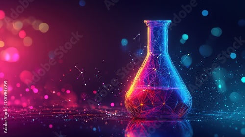 a low-poly representation of a laboratory flask, with glowing geometric shapes 