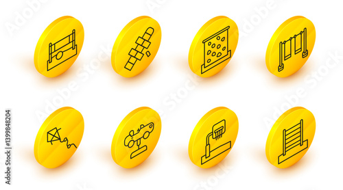 Set line Swedish wall, Basketball backboard, Swing car, Kite, Double swing, Climbing, Hopscotch and Volleyball net with icon. Vector