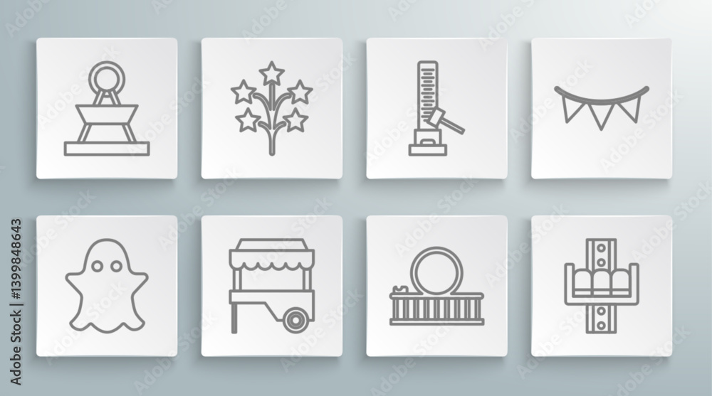 Obraz premium Set line Ghost, Fireworks, Fast street food cart with awning, Roller coaster, Attraction carousel, High striker attraction big hammer, Carnival garland flags and icon. Vector