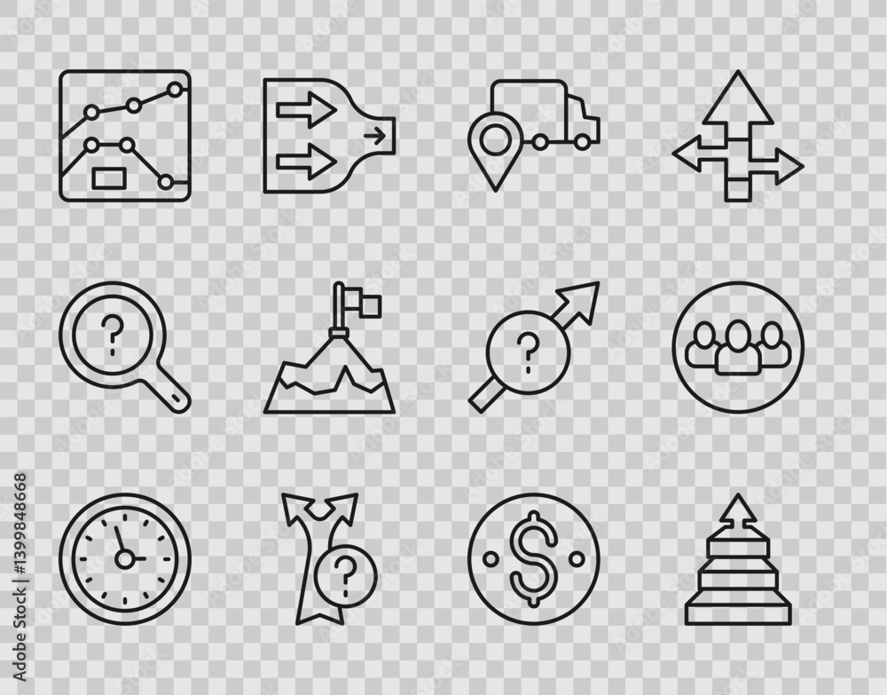 Fototapeta premium Set line Clock, Pyramid chart infographics, Delivery tracking, Arrow, Graph, chart, diagram, Mountains with flag, Dollar symbol and Project team base icon. Vector