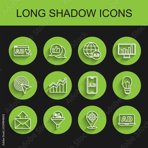 Set line Mail and e-mail, Lead management, Advertising, Target, Financial growth increase, Light bulb with concept of idea and icon. Vector