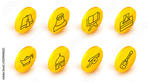 Set line Lute, Ramadan cannon, Muslim Mosque, Oil lamp, Donate or pay your zakat, Holy book of Koran, woman in niqab and Turkish hat icon. Vector