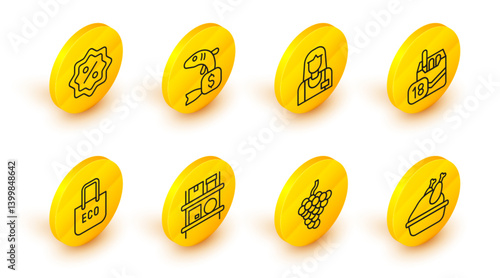 Set line Roasted turkey or chicken, Grape fruit, Warehouse interior with boxes, Shopping bag recycle, Cigarettes pack, Seller, Price tag for fish and Discount percent icon. Vector