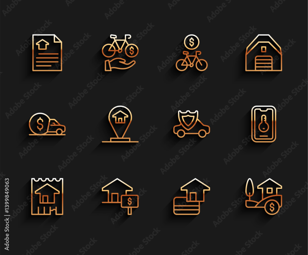 Set line House, with dollar, contract, Credit card, Location house, Online real estate and Car shield icon. Vector Set line House, with dollar, contract, Credit card, Location house, Online real estate and Car shield icon. Vector