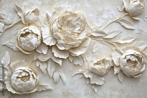 Fototapeta Naklejka Na Ścianę i Meble -  Ornate, embossed floral wall decor.  Detailed, 3D relief carvings of peonies and leaves